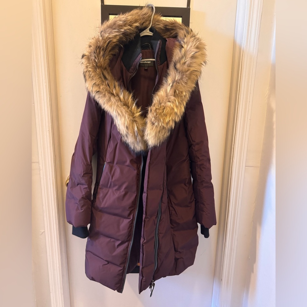 Mackage Deep Red Puffer Jacket with Faux Fur Hood